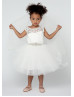 Ivory Lace Tulle V Back Tea Length Flower Girl Dress